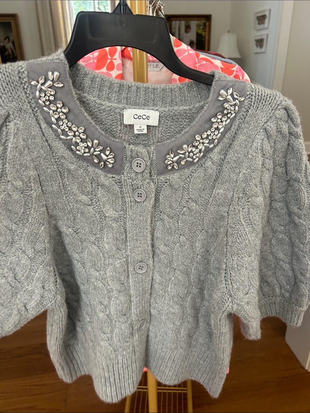 CeCe Gray Embellished Cable Knit Cardigan